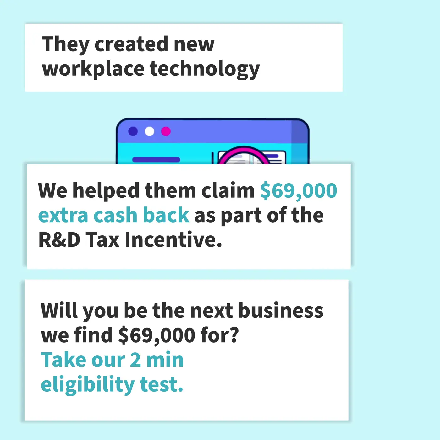 An illustrated workplace app assembling itself on screen, captioned: they created new workplace technology, and FundFindrs helped them claim $69,000 extra cash back as part of the R&D Tax Incentive